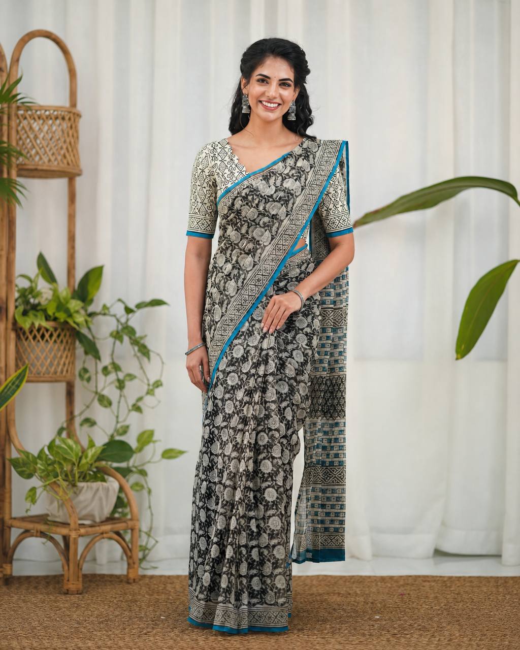 Black Kota Doriya Floral Digital Print Saree with Blouse Piece