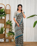 Black Kota Doriya Floral Digital Print Saree with Blouse Piece