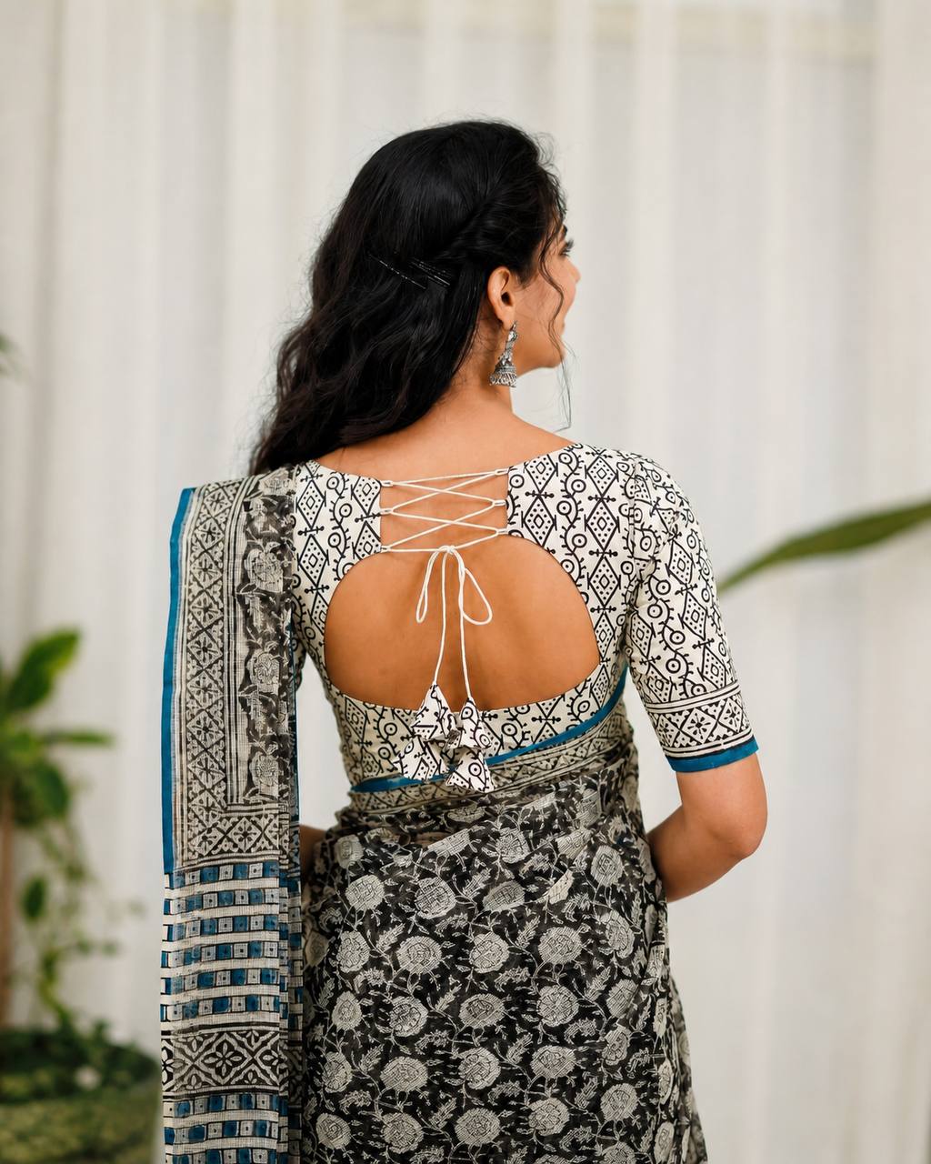 Black Kota Doriya Floral Digital Print Saree with Blouse Piece