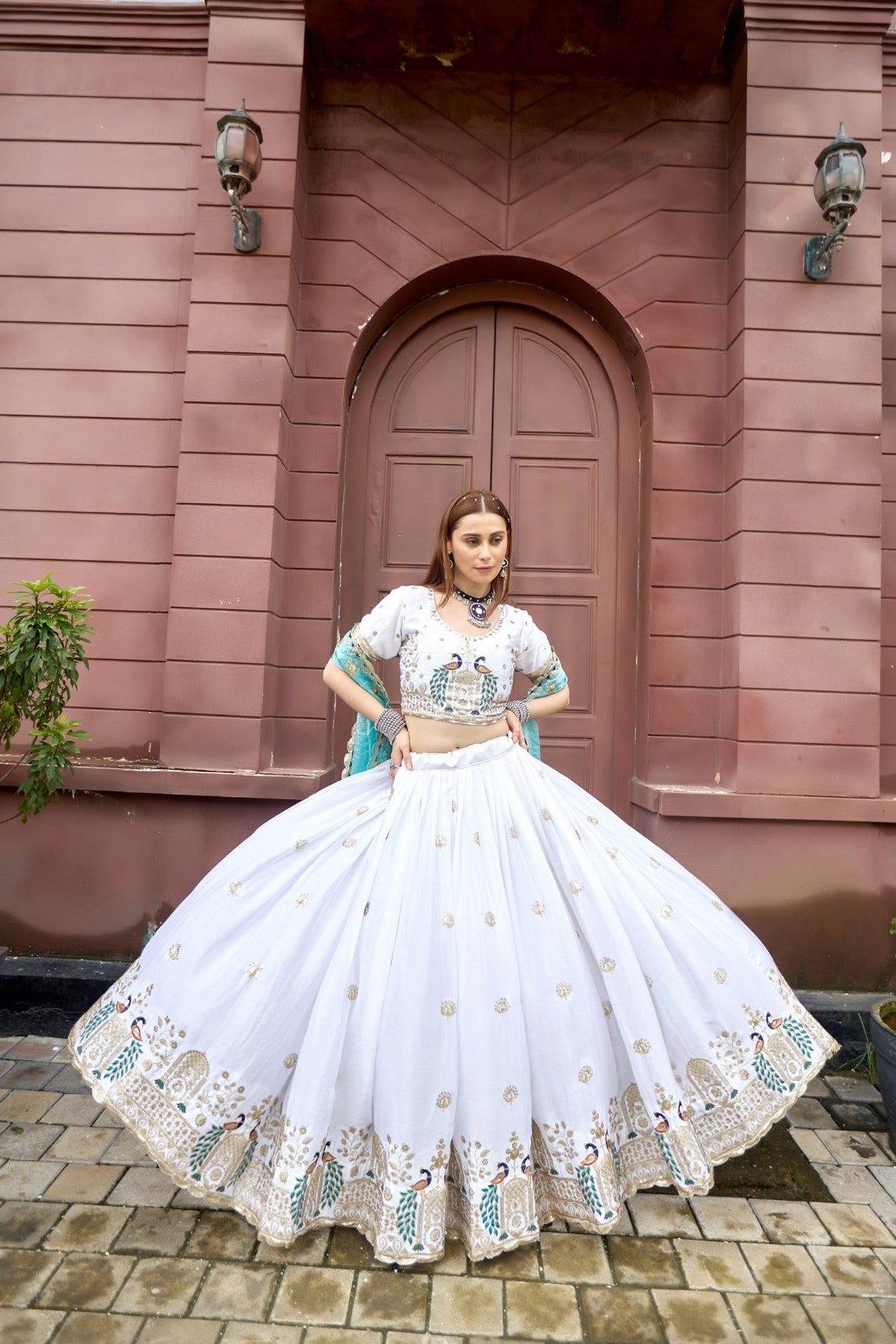 White Chinon Peacock Embroidered Lehenga Choli for Women
