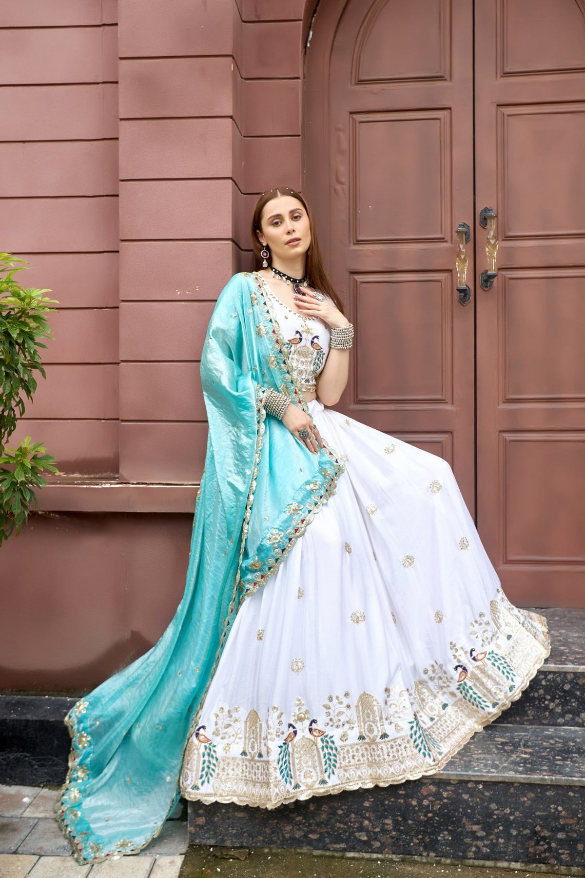 White Chinon Peacock Embroidered Lehenga Choli for Women