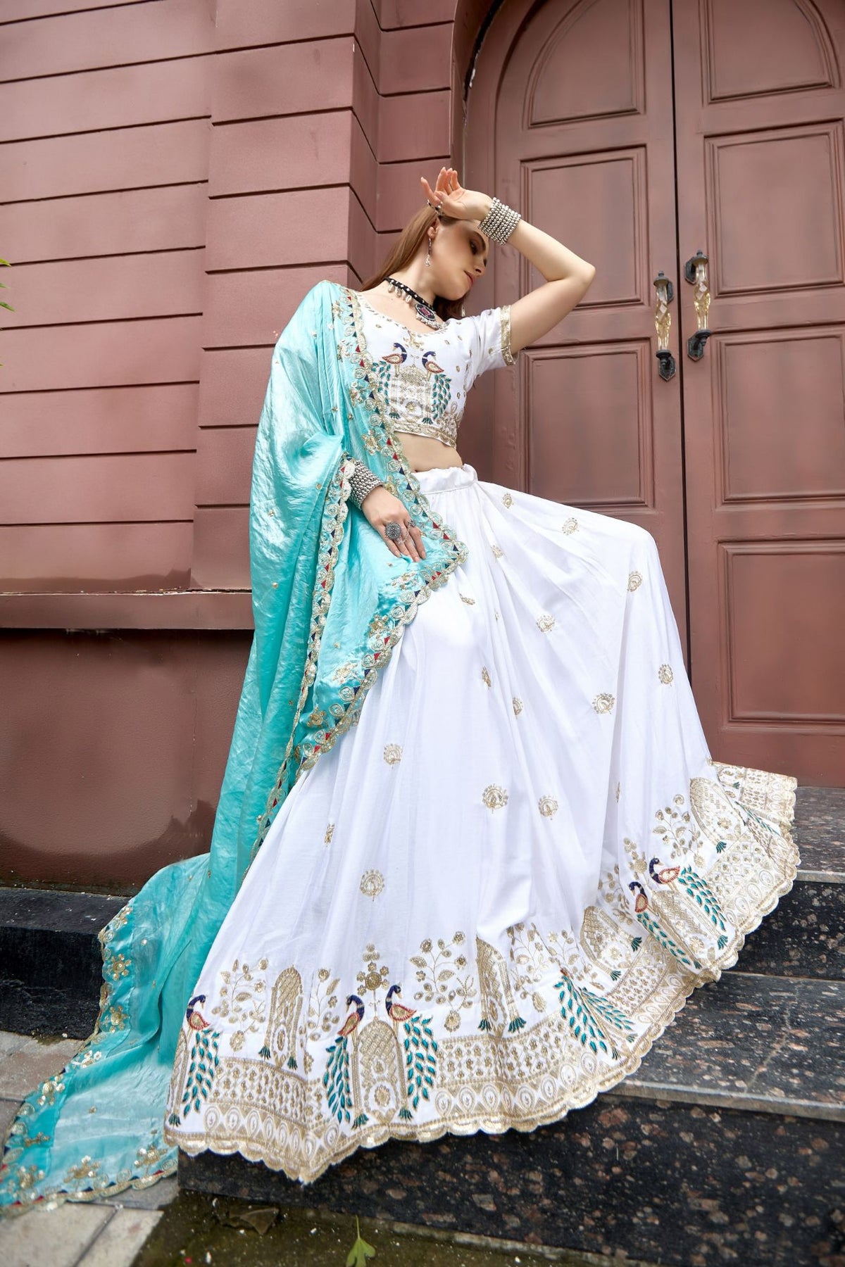 White Chinon Peacock Embroidered Lehenga Choli for Women