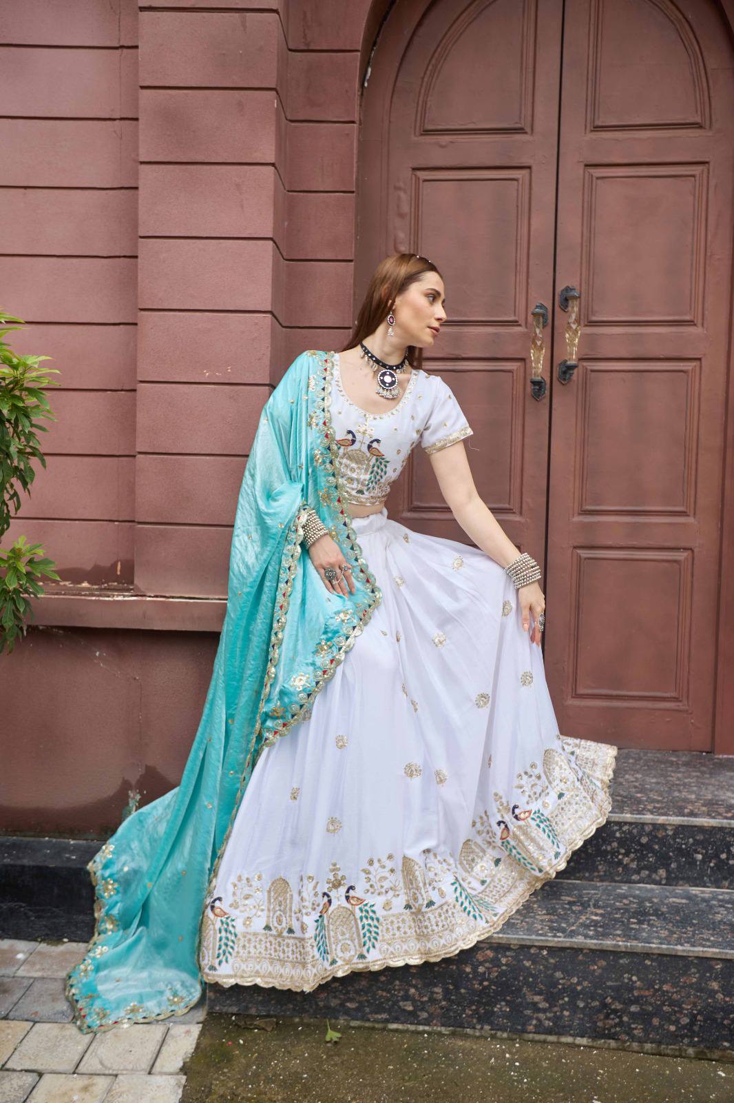 White Chinon Peacock Embroidered Lehenga Choli for Women