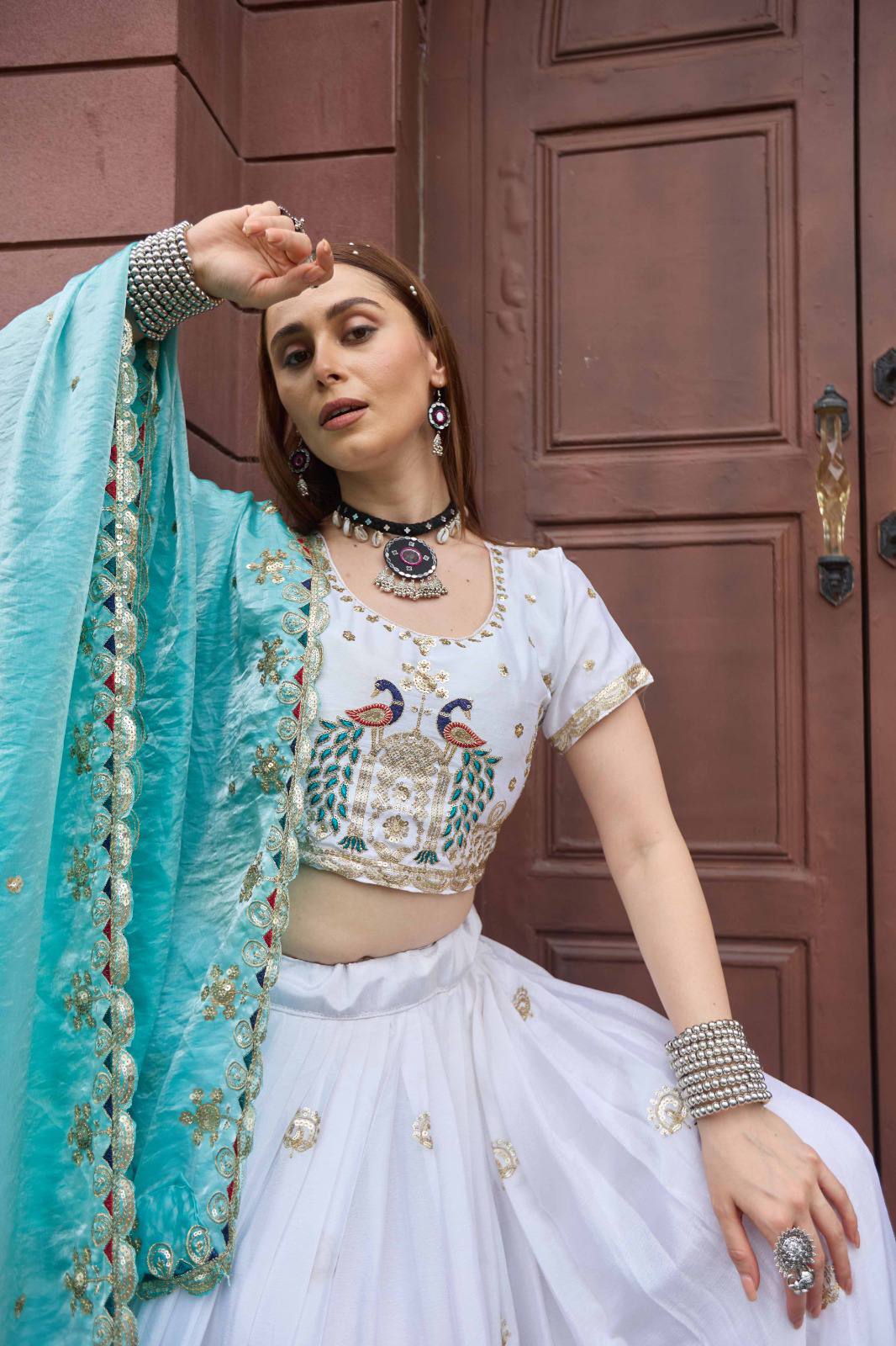 White Chinon Peacock Embroidered Lehenga Choli for Women