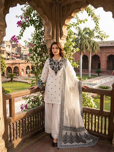 White Natural Crepe Embroidered Farshi Salwar Suit Set for Women