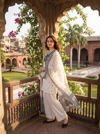 White Natural Crepe Embroidered Farshi Salwar Suit Set for Women