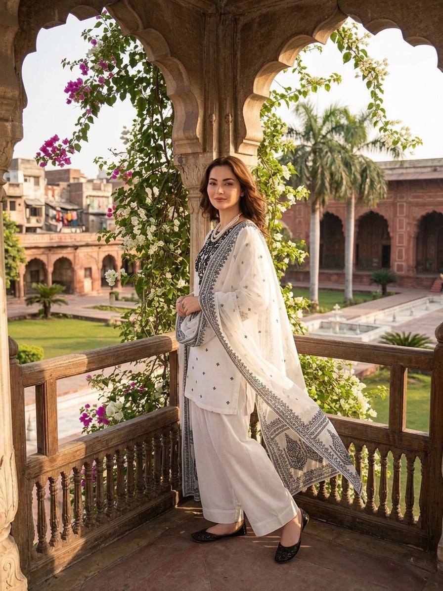 White Natural Crepe Embroidered Farshi Salwar Suit Set for Women