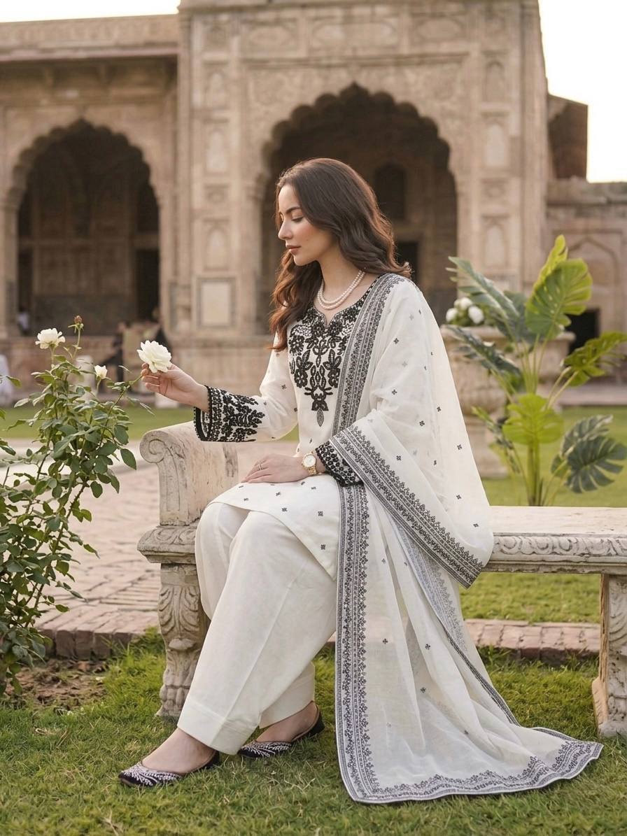 White Natural Crepe Embroidered Farshi Salwar Suit Set for Women