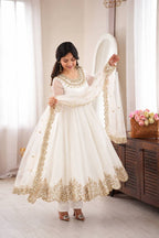 White Crush Embroidered Sequins Anarkali Gown with Net Dupatta