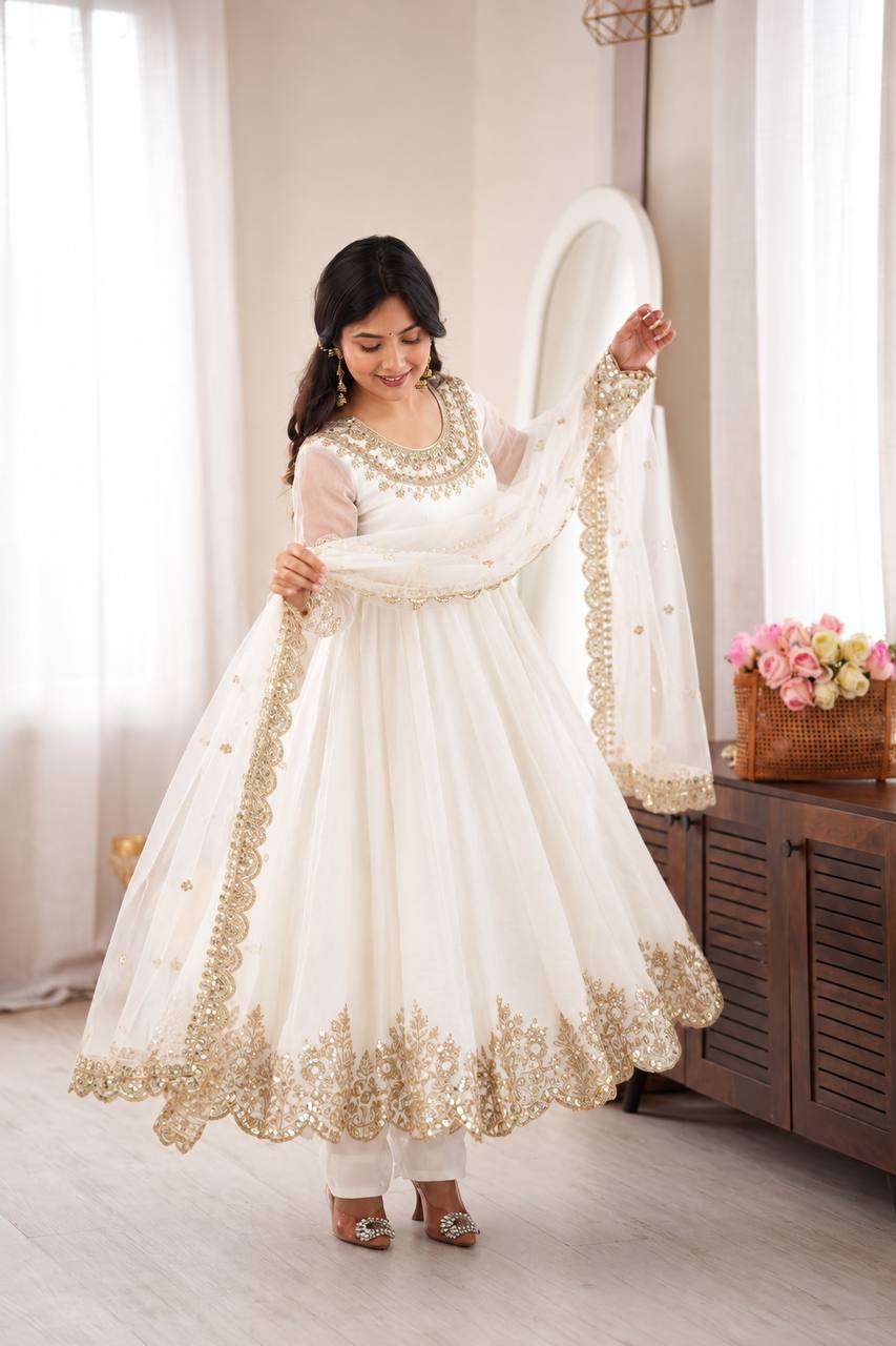 White Crush Embroidered Sequins Anarkali Gown with Net Dupatta