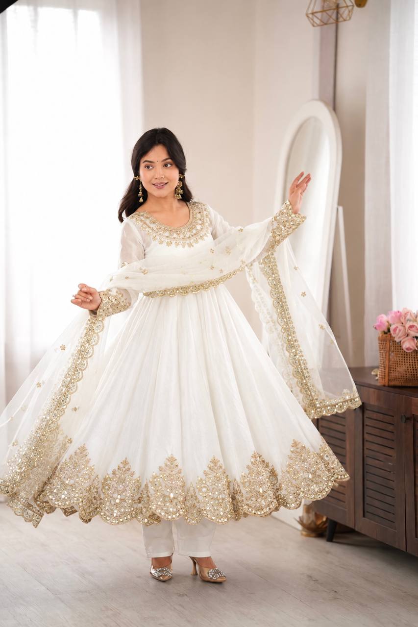 White Crush Embroidered Sequins Anarkali Gown with Net Dupatta