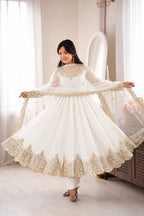 White Crush Embroidered Sequins Anarkali Gown with Net Dupatta