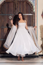 White Faux Georgette Maxi Anarkali Suit with Pant & Embroidered Dupatta