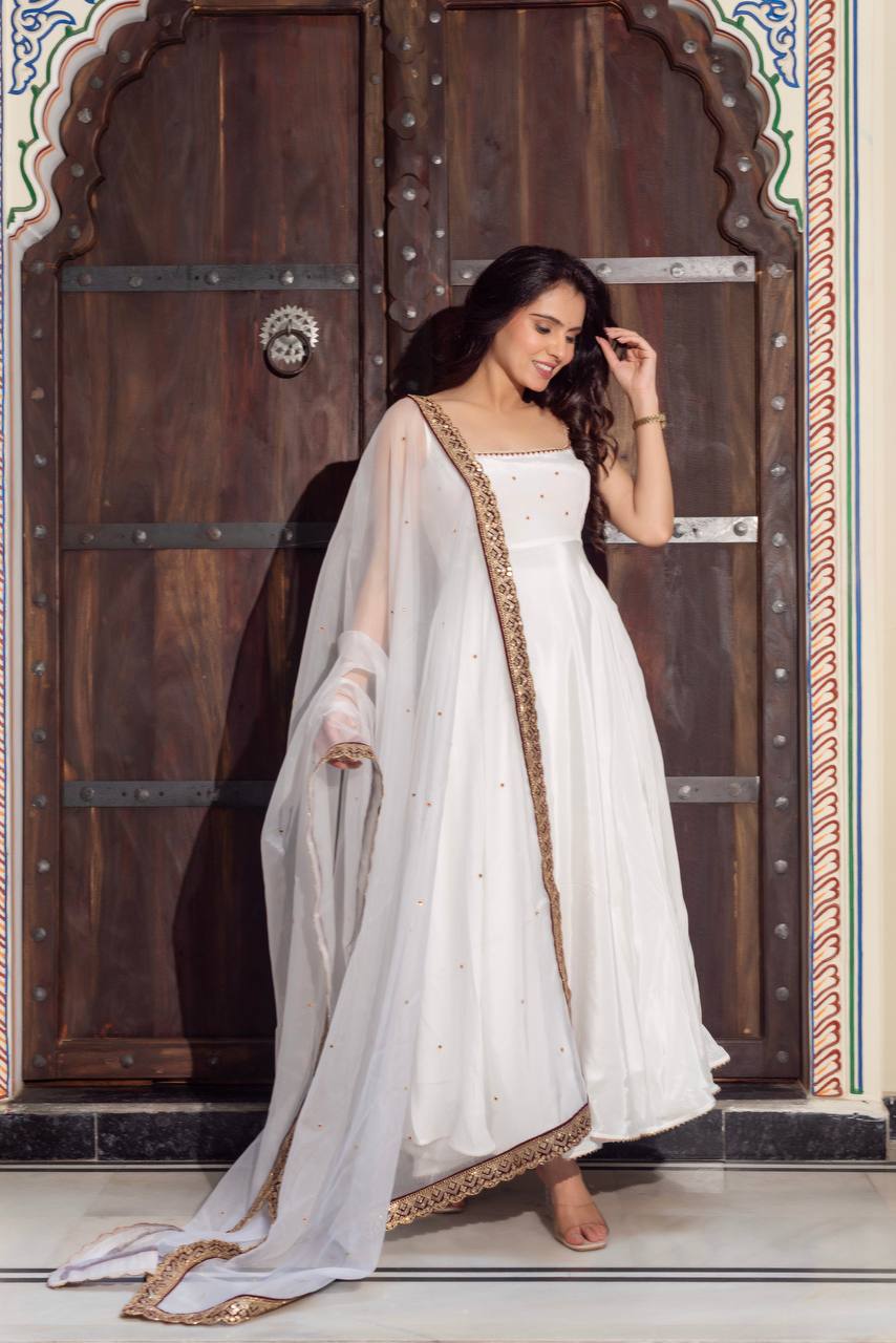 White Maxi Anarkali - dupatta draped