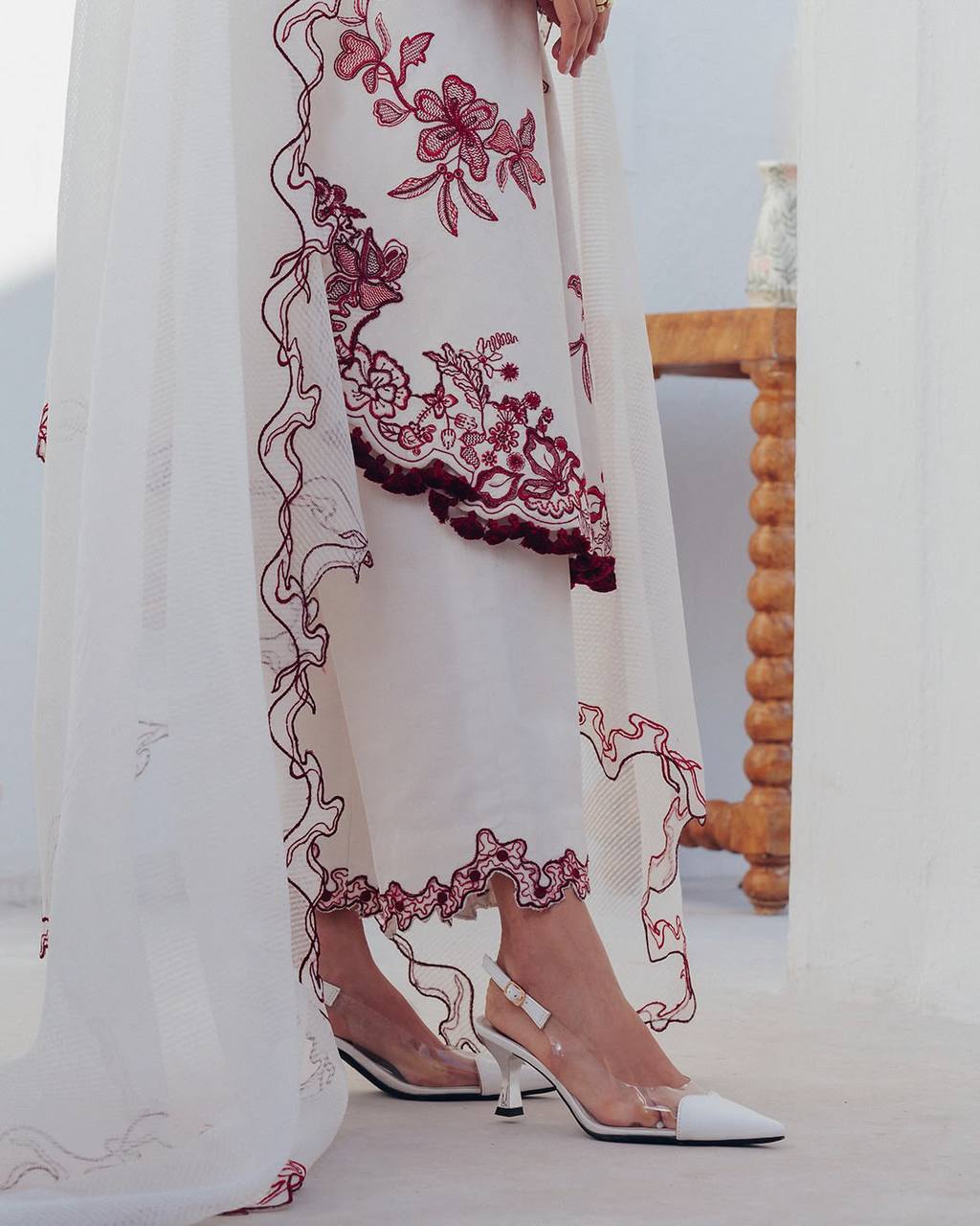 White Salwar Kameez - pant and dupatta cut work detail