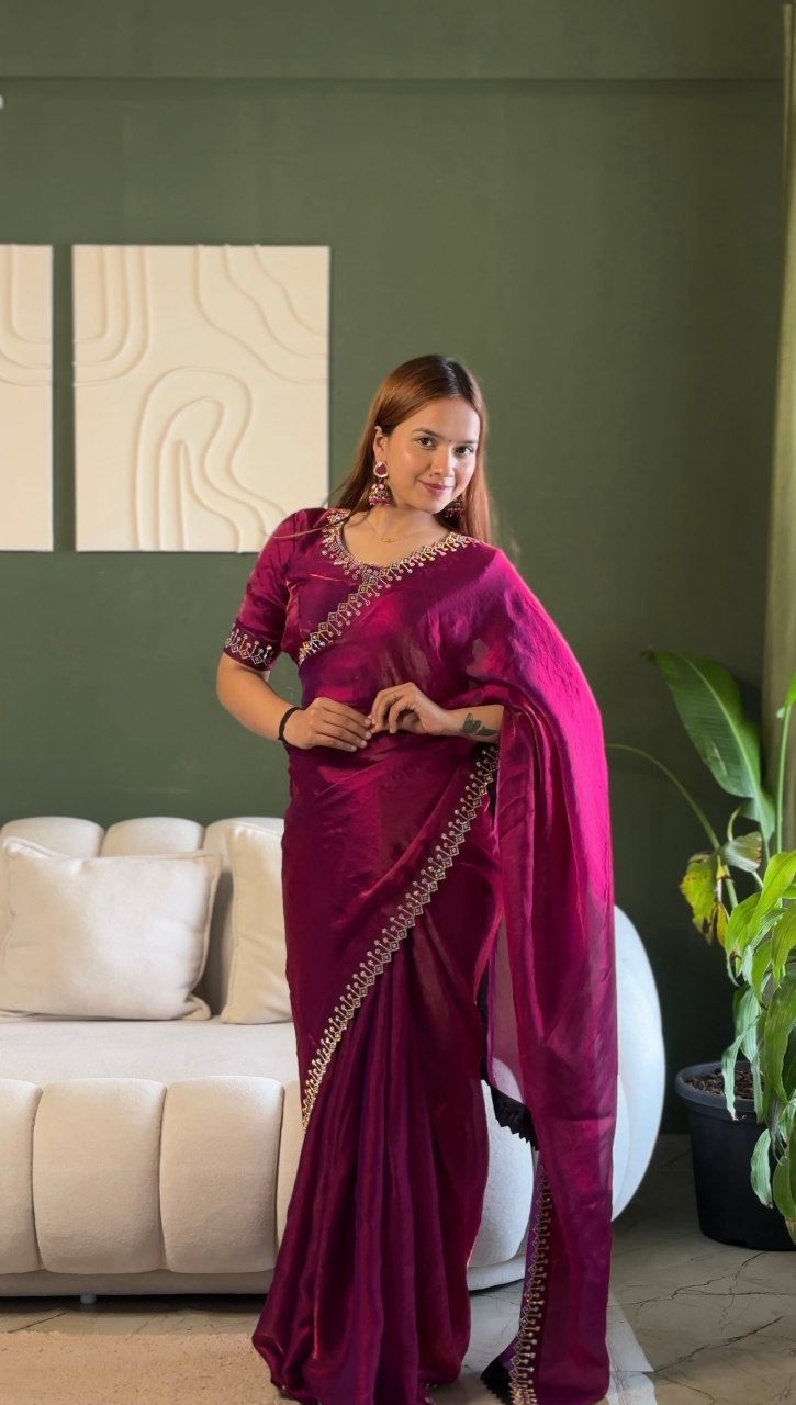 Wine Space Silk Zarkan Diamond Work Saree for Women