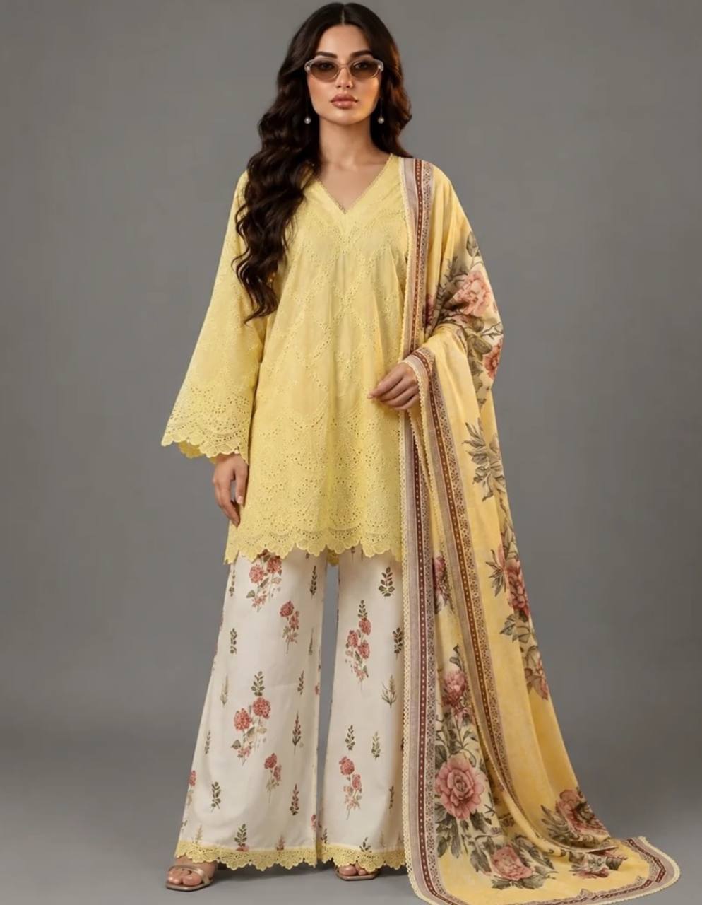 Yellow Cambric Cotton Cutwork Salwar Kameez with Printed Palazzo & Dupatta
