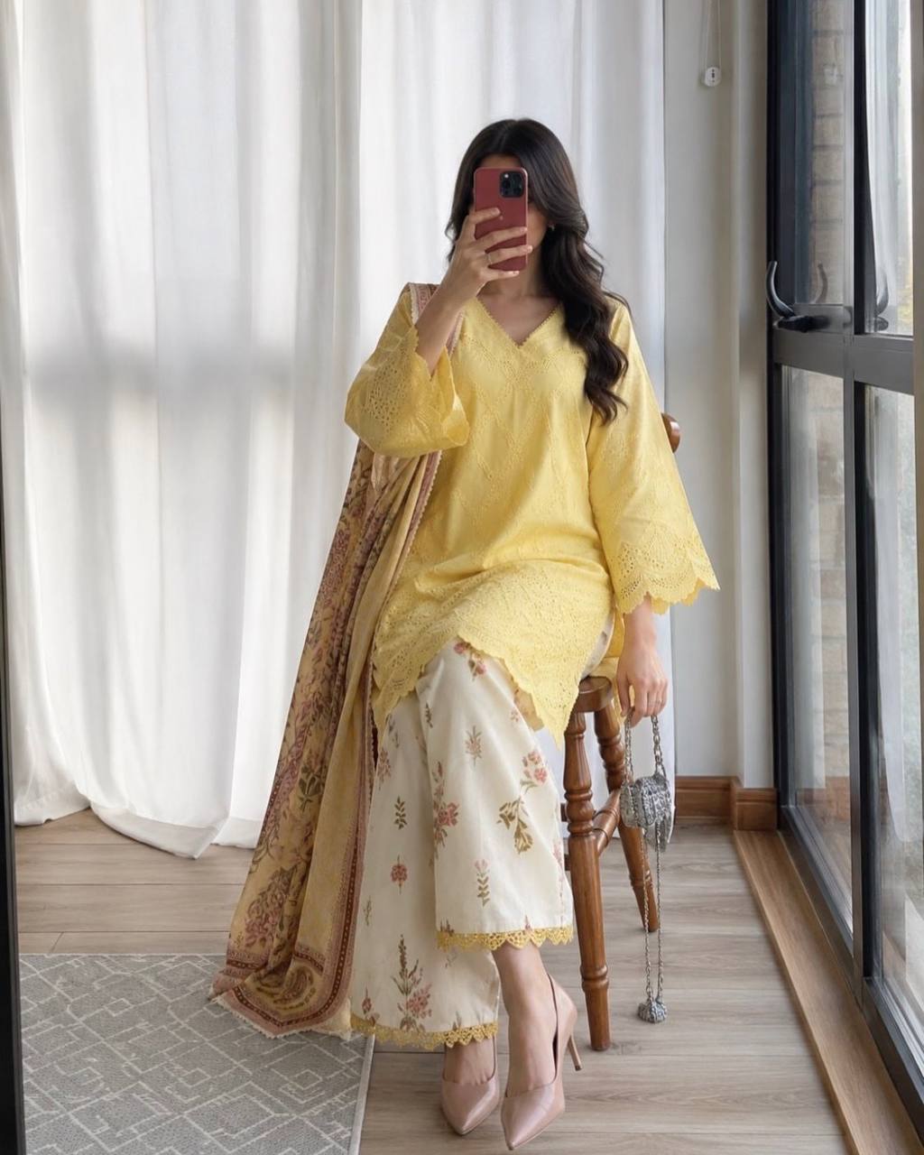 Yellow Cotton Salwar Kameez - printed palazzo and dupatta