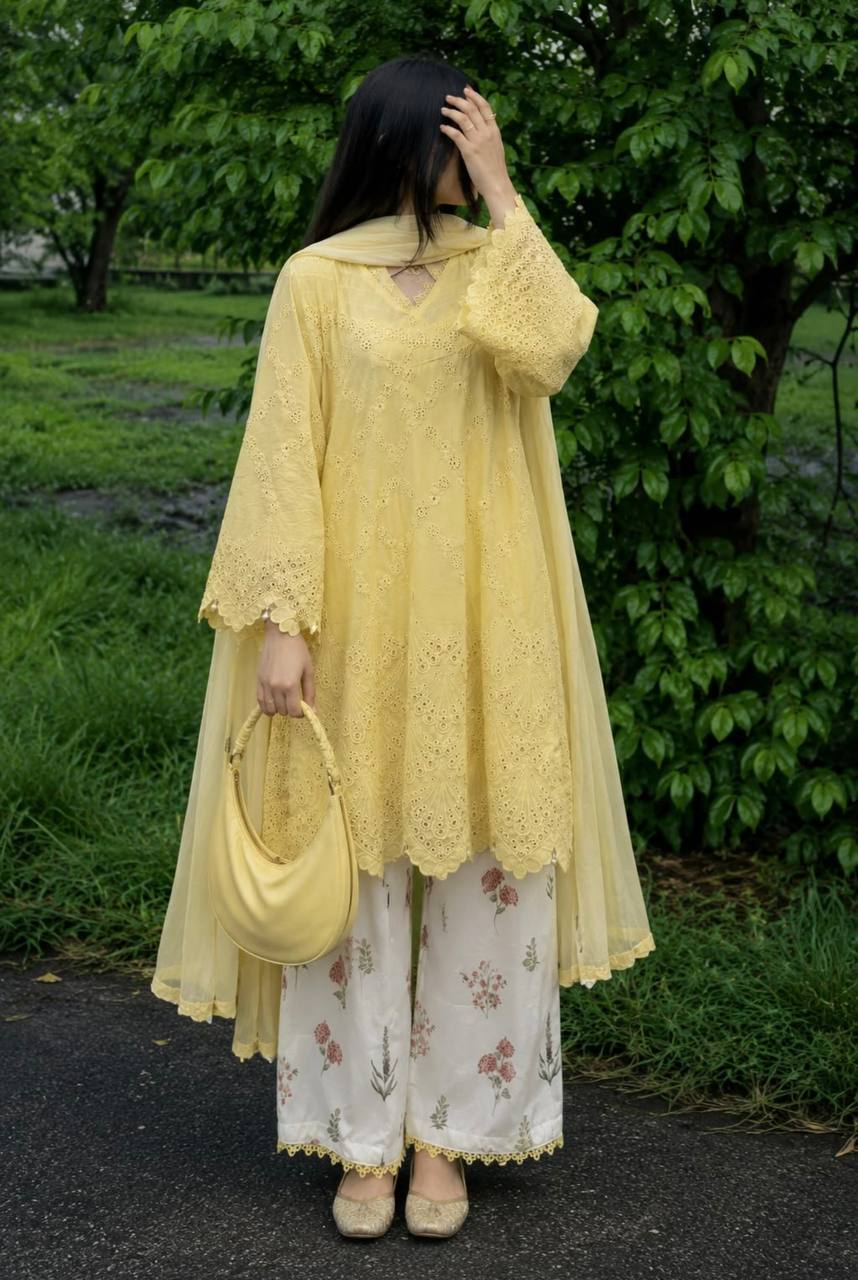 Yellow Cotton Salwar Kameez - cutwork detail