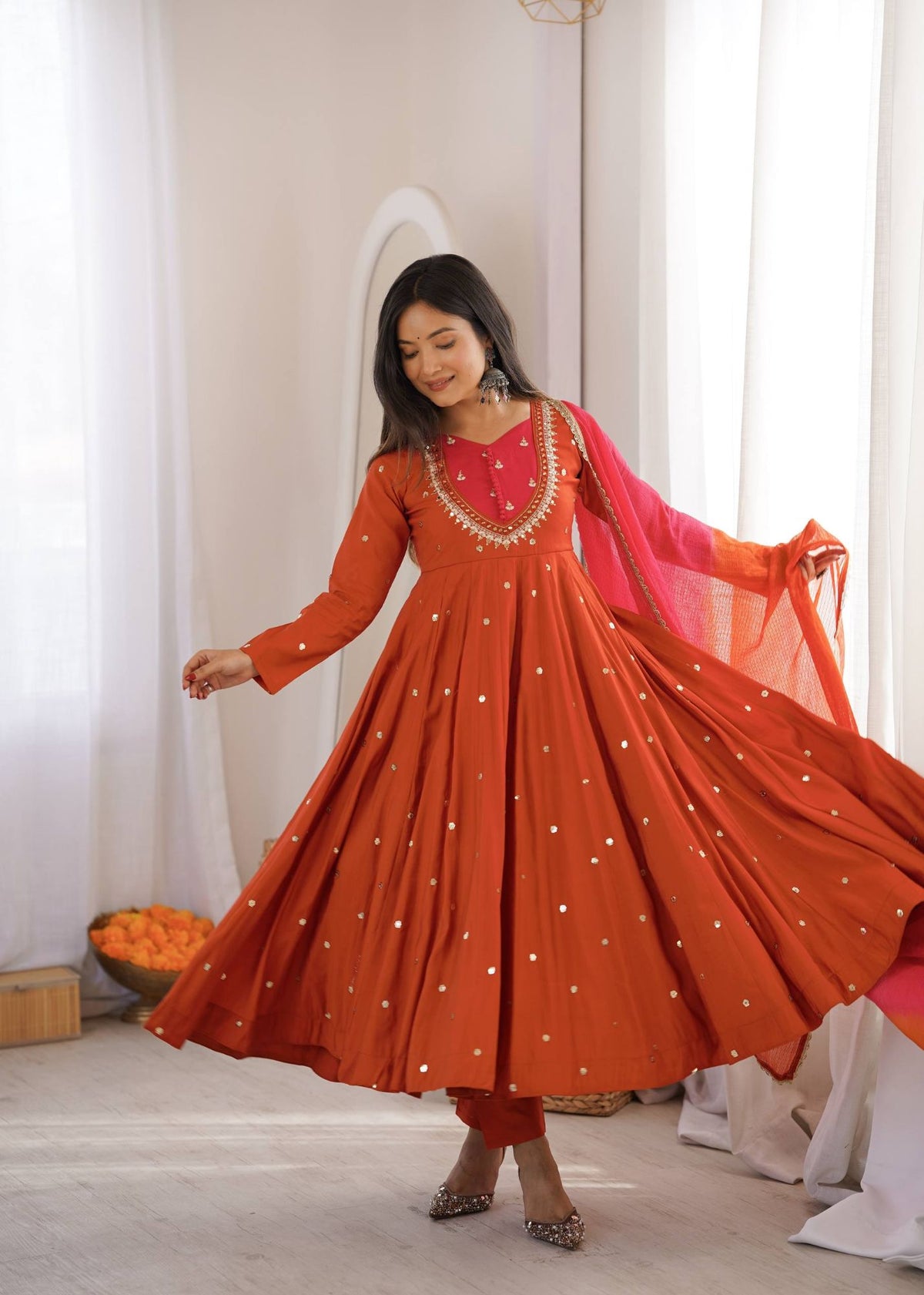 Rust Orange Roman Silk Mirror Work Anarkali Gown