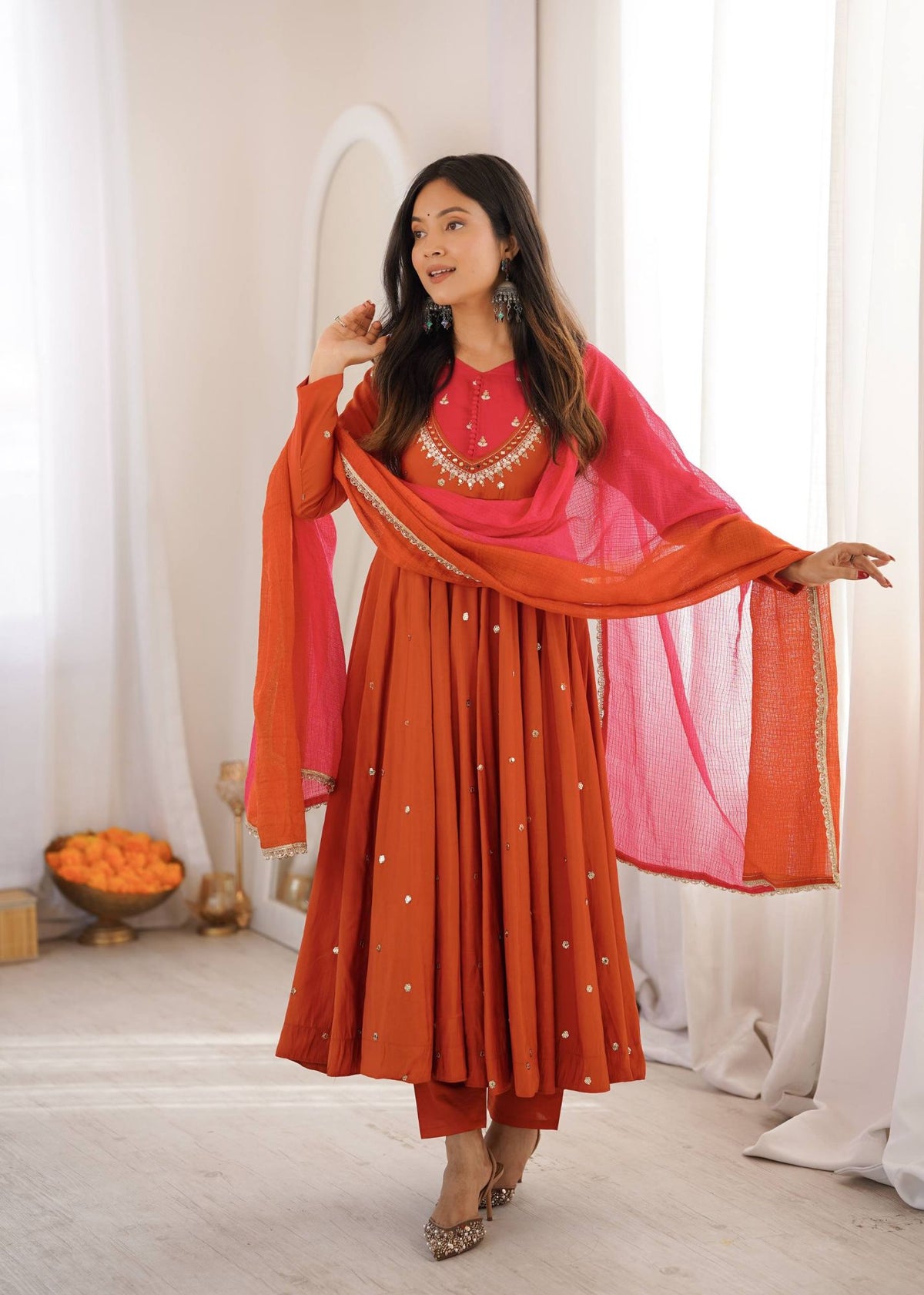 Rust Orange Anarkali Gown - with dupatta