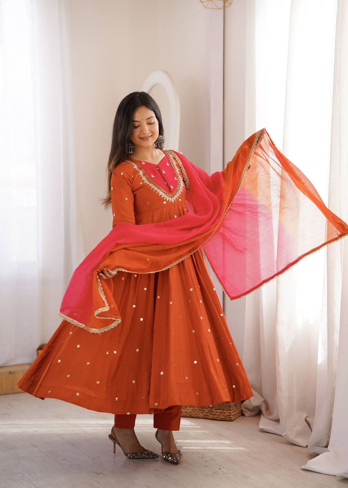 Rust Orange Anarkali Gown - flair