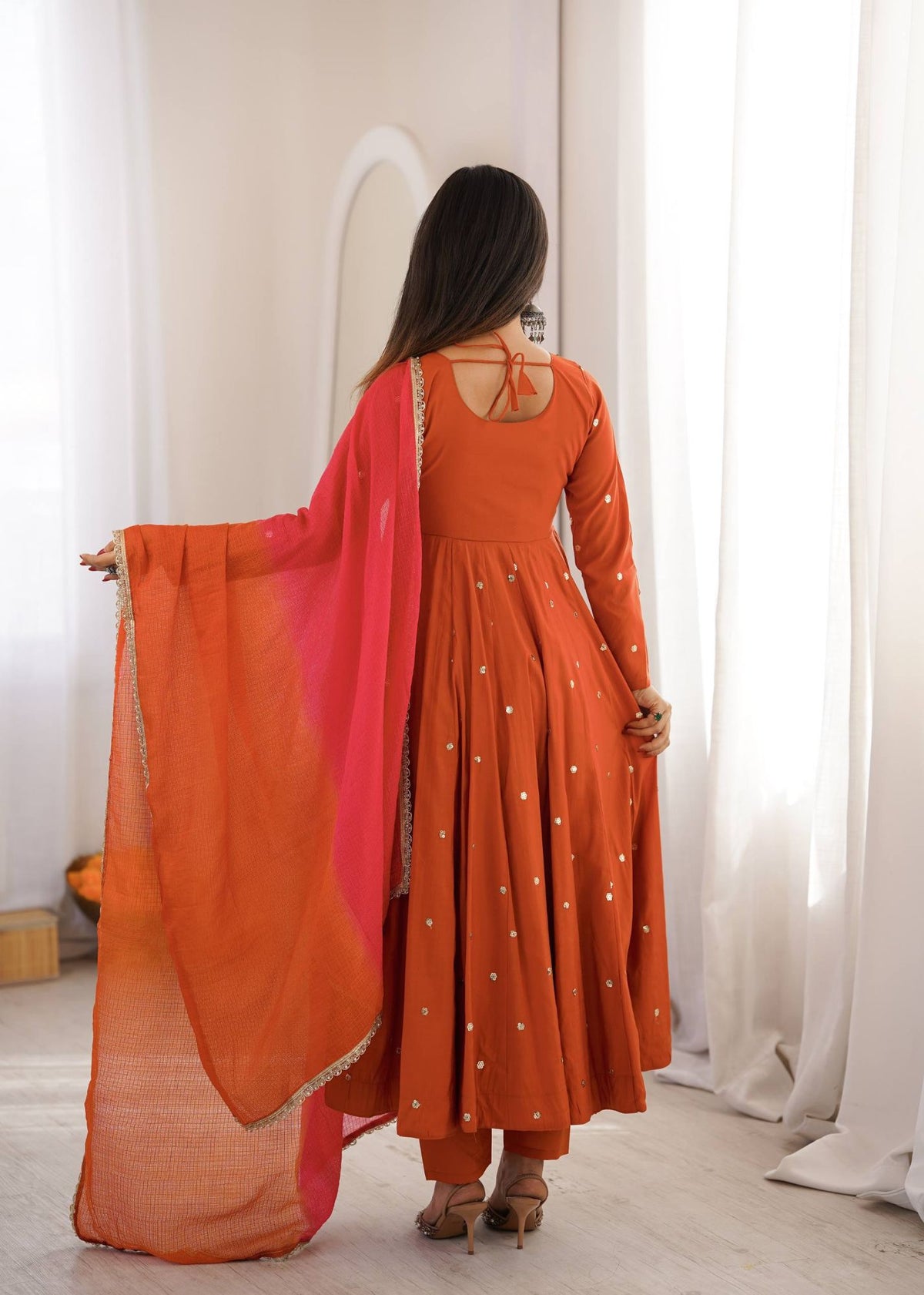 Rust Orange Anarkali Gown - back view