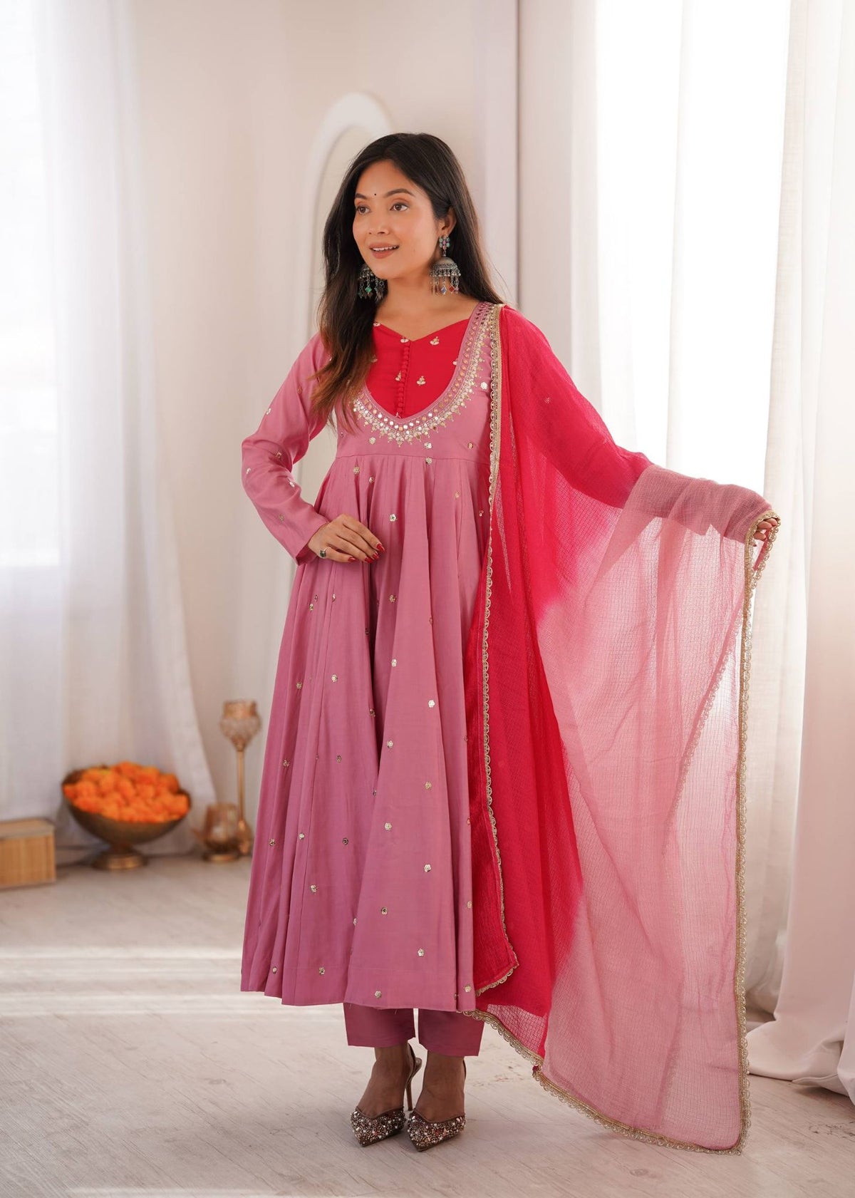 Onion Pink Roman Silk Mirror Work Anarkali Gown