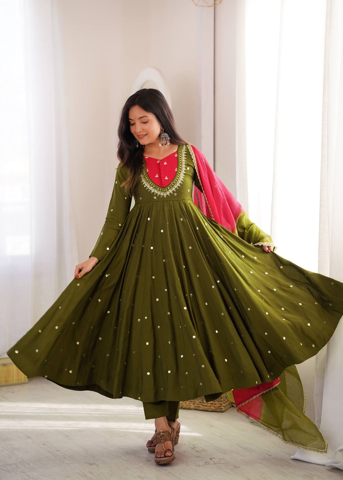 Mehendi Green Roman Silk Mirror Work Anarkali Gown
