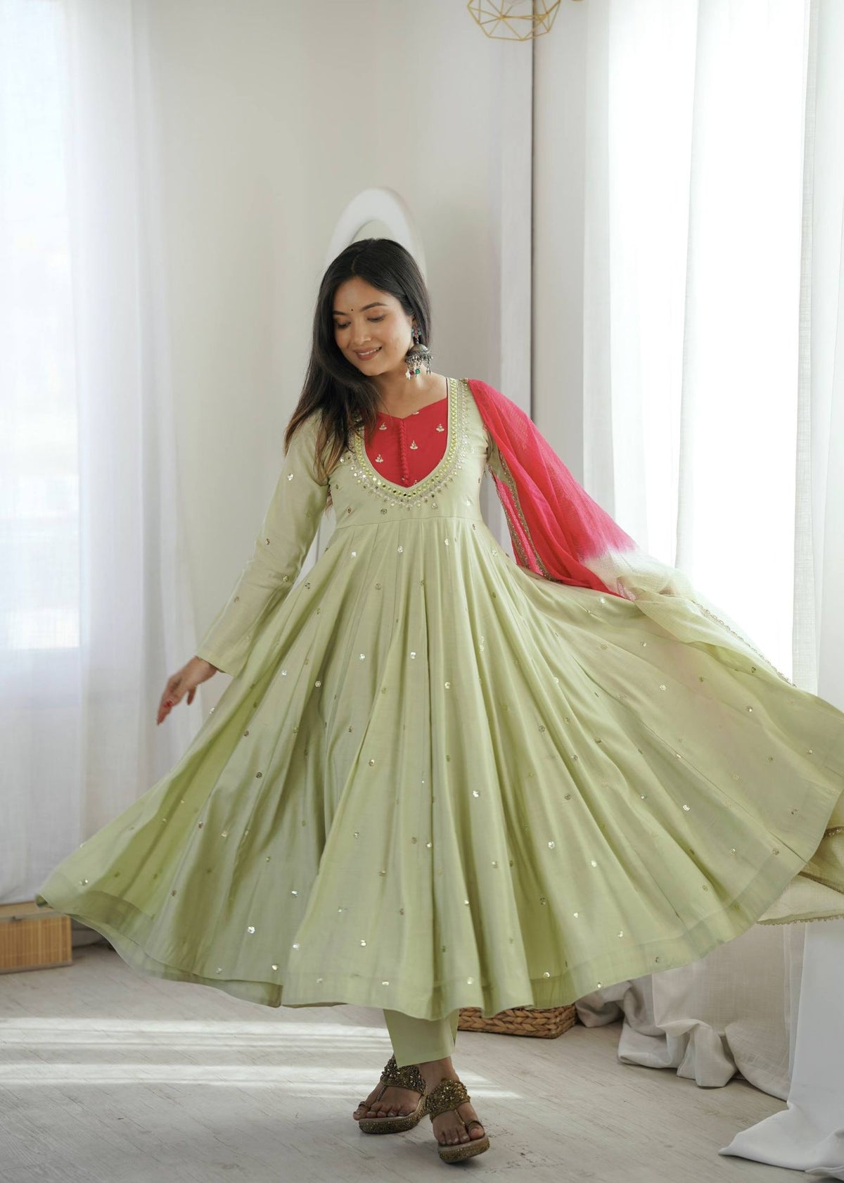 Pista Green Roman Silk Mirror Work Anarkali Gown