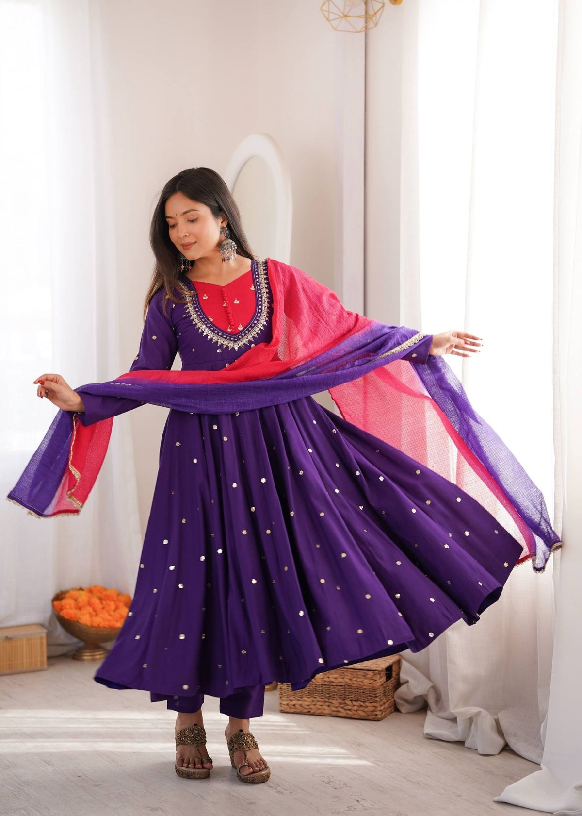 Purple Roman Silk Mirror Work Anarkali Gown