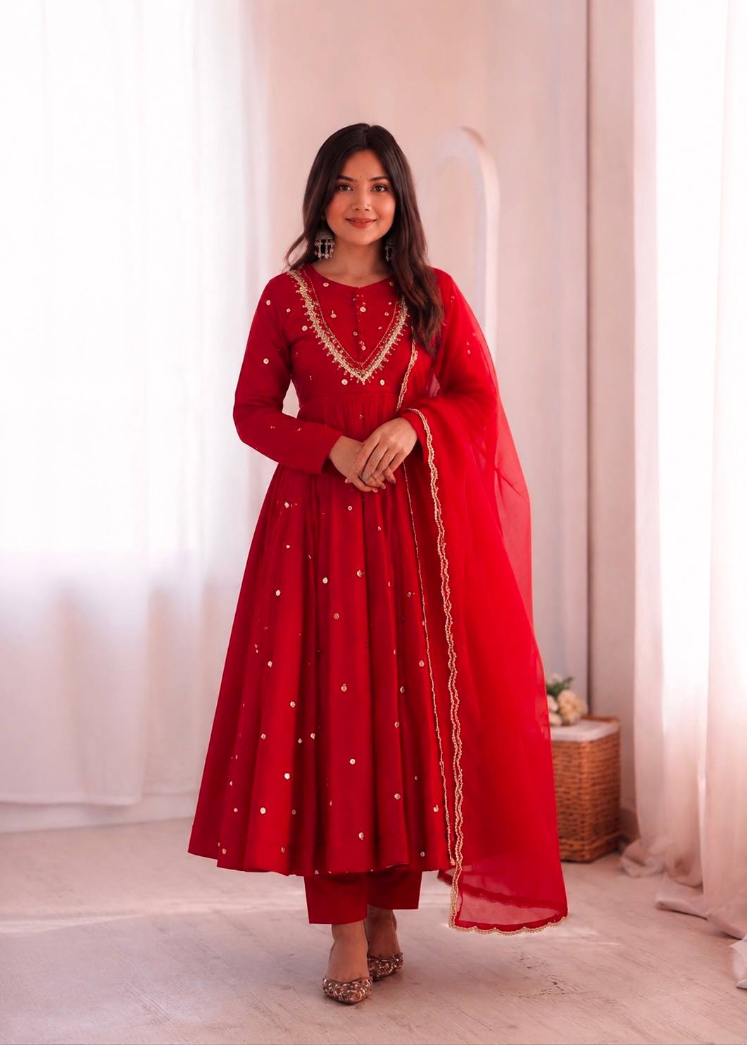 Red Roman Silk Mirror Work Anarkali Gown