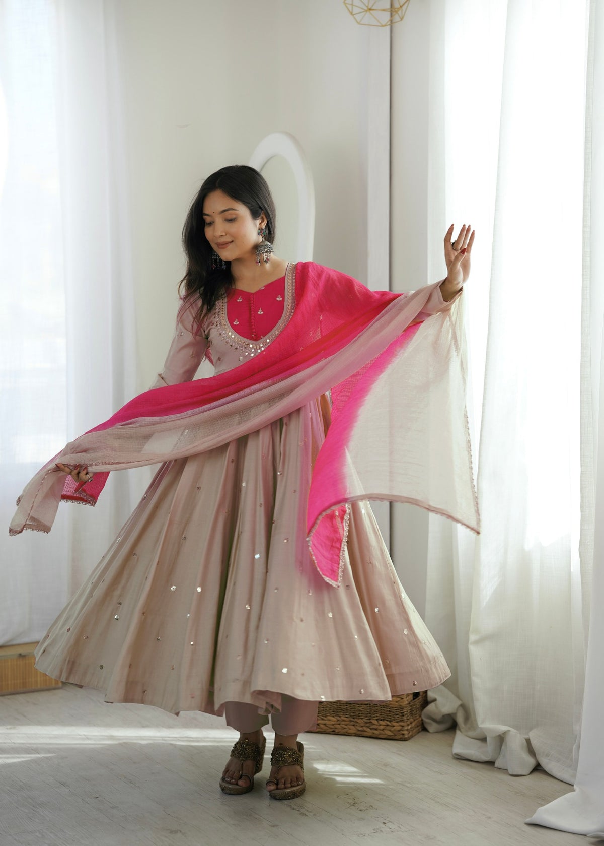 Beige Roman Silk Mirror Work Anarkali Gown