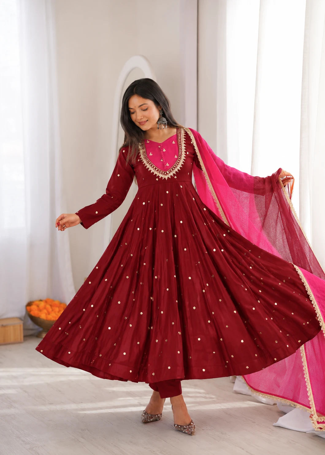Maroon Roman Silk Mirror Work Anarkali Gown