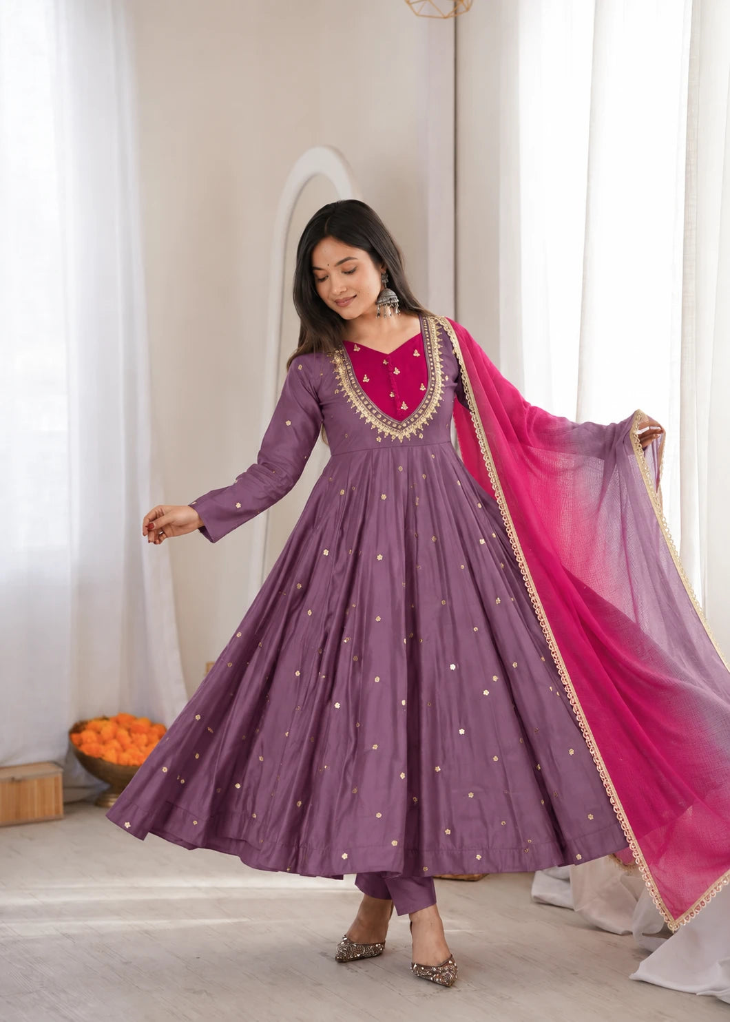 Mauve Roman Silk Mirror Work Anarkali Gown