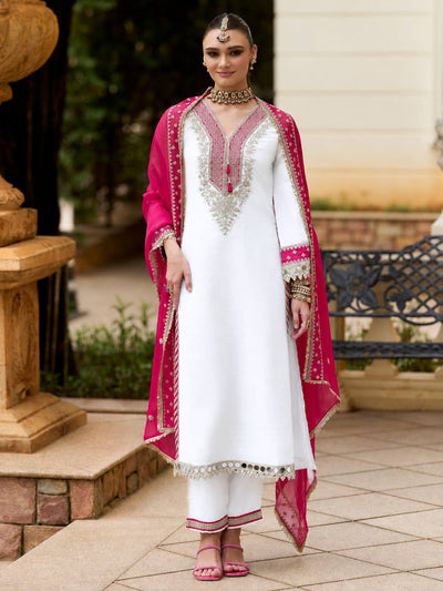 White Chinon Mirror Work Straight Suit with Pink Dupatta