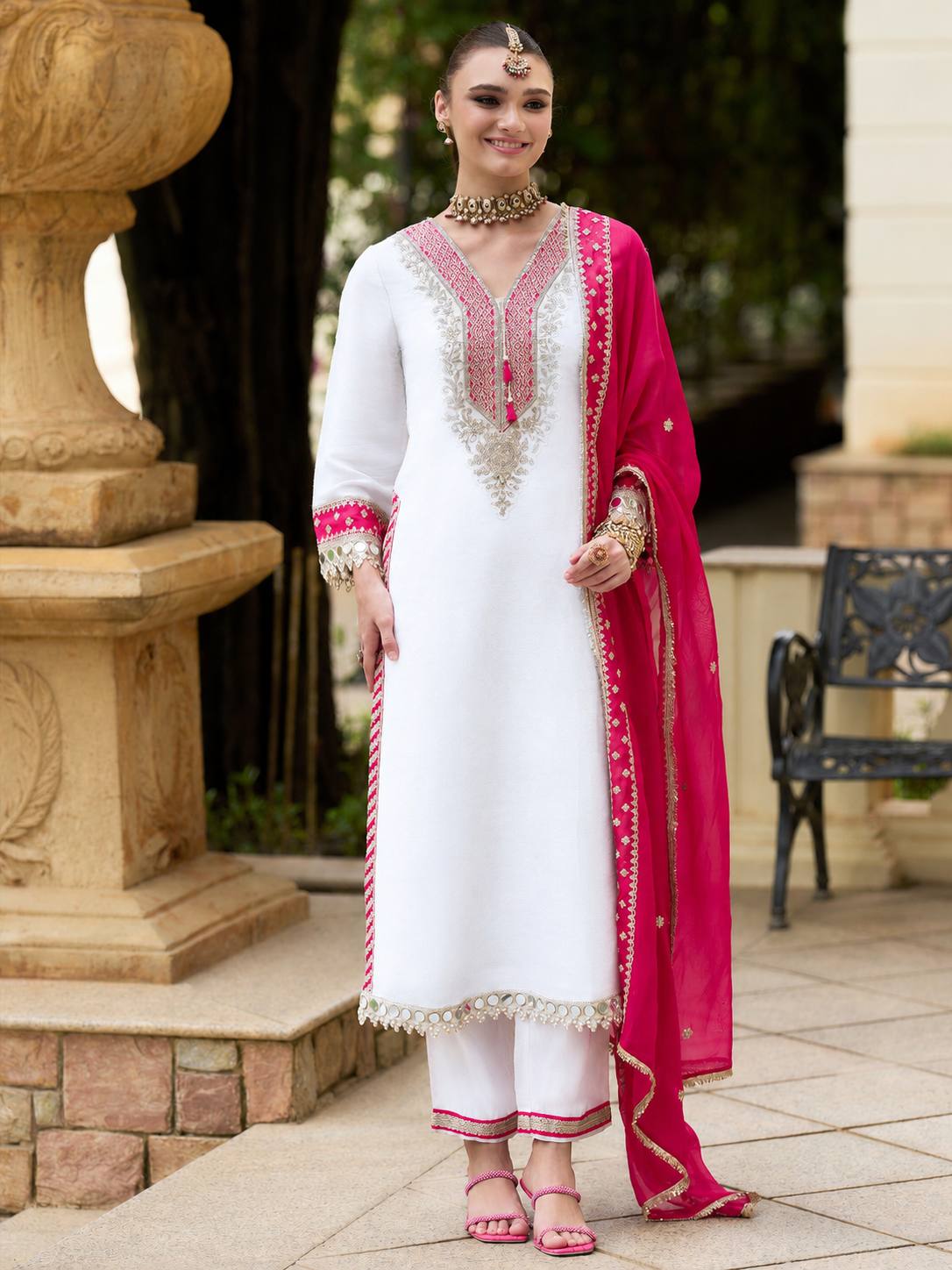 White Chinon Mirror Work Straight Suit with Pink Dupatta