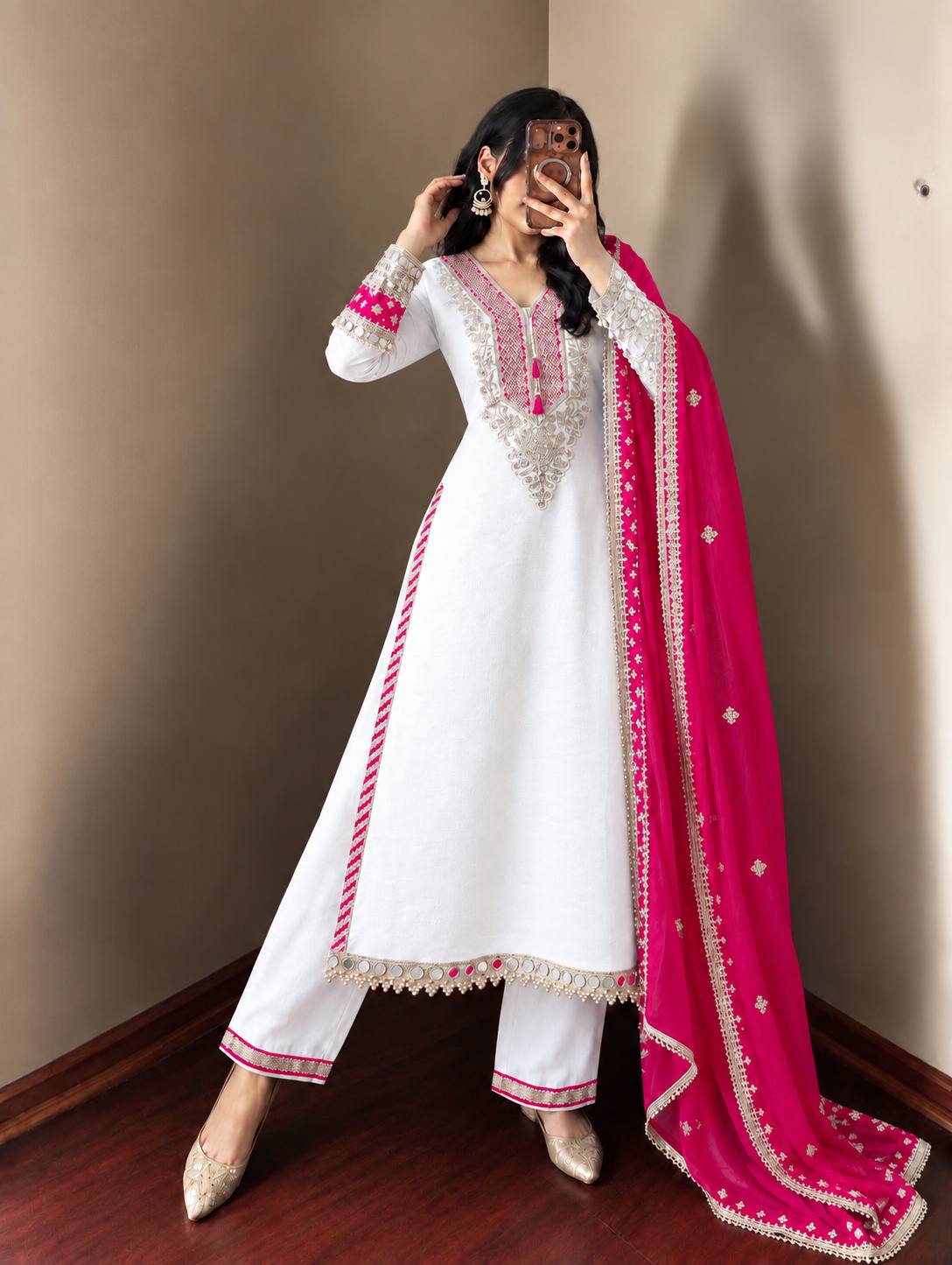 White Chinon Mirror Work Straight Suit with Pink Dupatta
