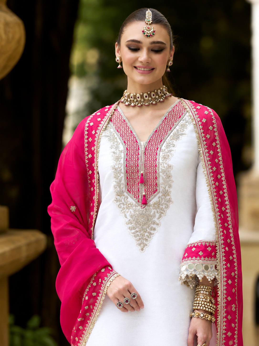 White Chinon Mirror Work Straight Suit with Pink Dupatta